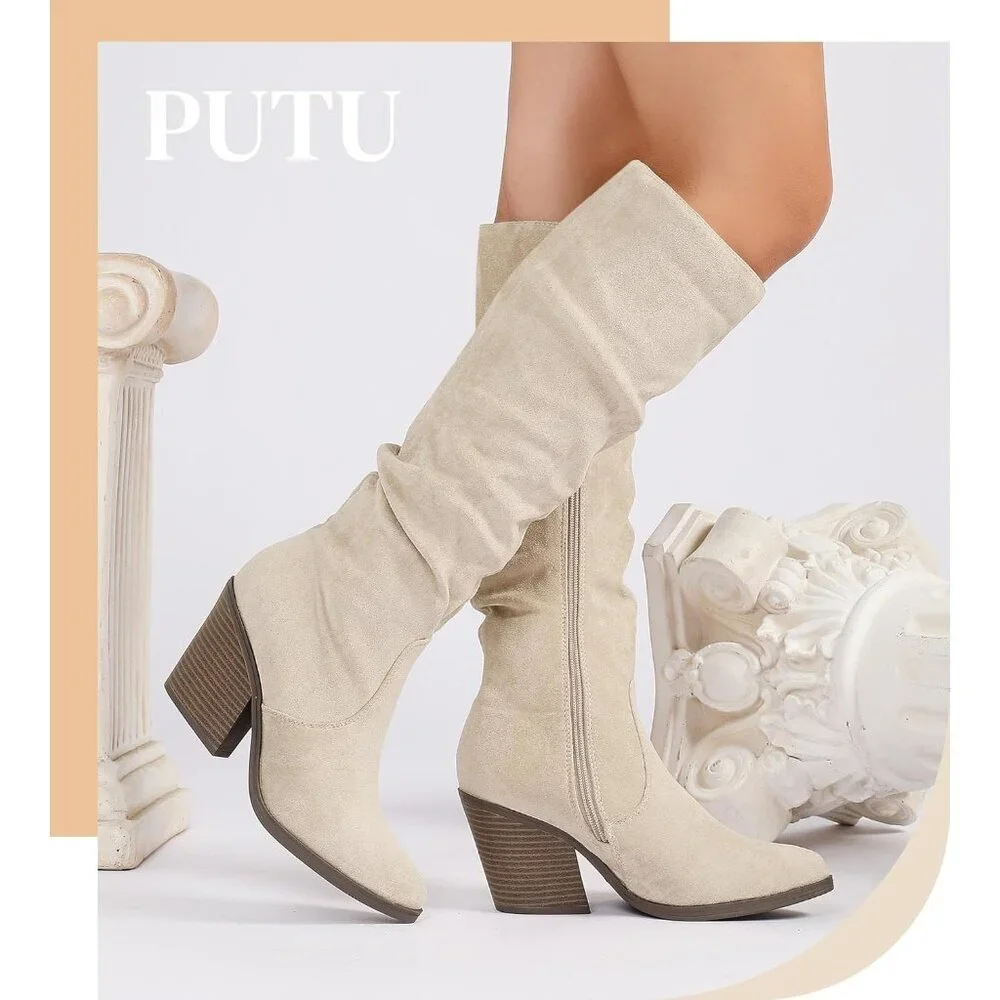 Women's Beige Faux Suede Chunky Heel Boots Side Zipper Slouchy Knee High Boots